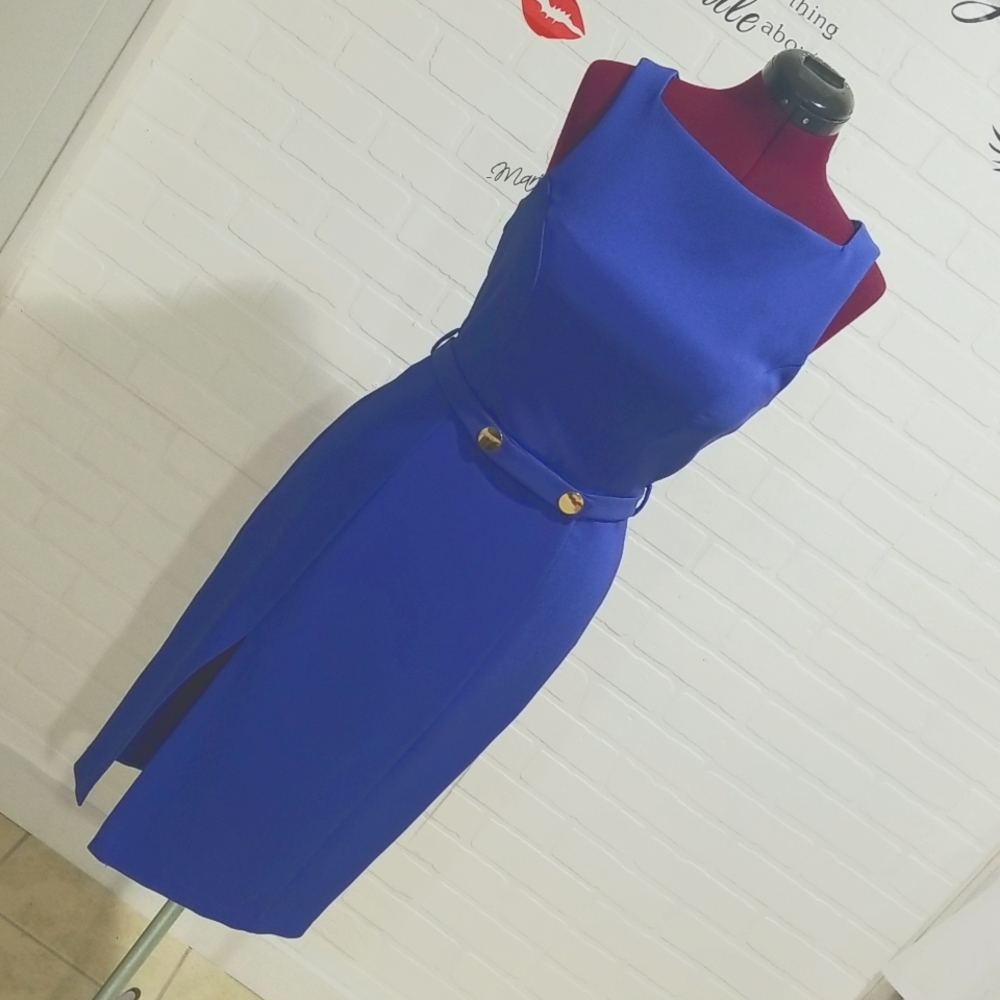 Made in Sri Lanka. Miss Selfridges fitted midi dress with belt+ metallic bottons